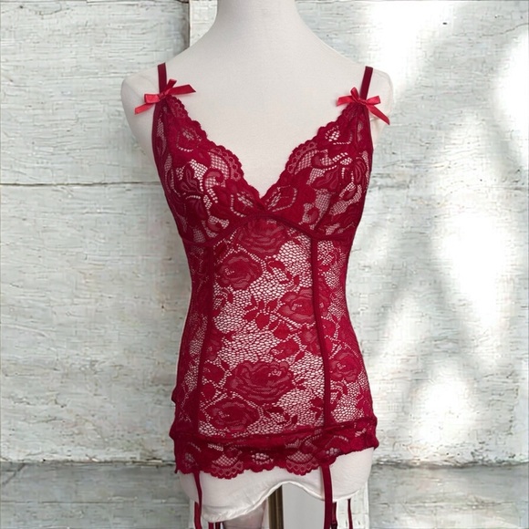 Red Lace Lingerie Top with Bows and lace up back M whimsygoth coquette - Picture 1 of 4